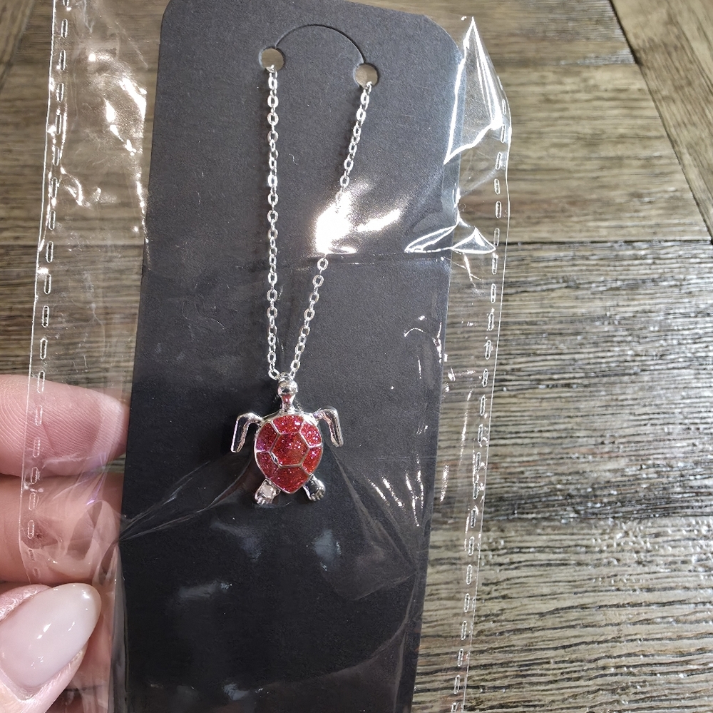 Silver Turtle Pendant Necklace with Red Enamel Shell - Women Jewelry - Picture 2 of 2
